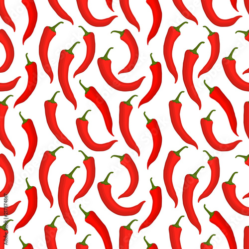 Seamless pattern with red chilli peppers on a white background. Vegetable print. Vector illustration