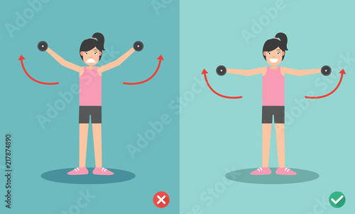 Woman wrong and right dumbbell lateral raise posture,vector illustration