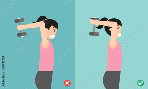 Woman wrong and right overhead dumbbell posture,vector illustration