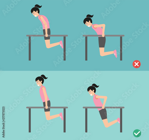 Woman wrong and right tricep dip posture,vector illustration