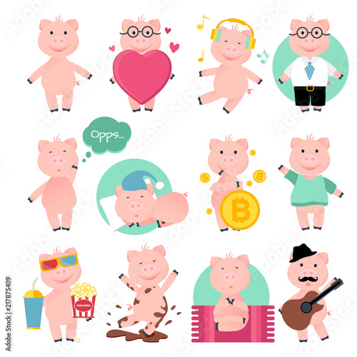 Vector Illustration. Cartoon funny pig. Set of pigs in different style, such as: lover, moviefan, yoga pig, musician, and others