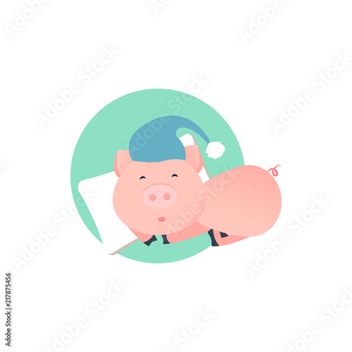 Vector Illustration. Cartoon funny pig. Pig is sleeping. Pillow and piglet