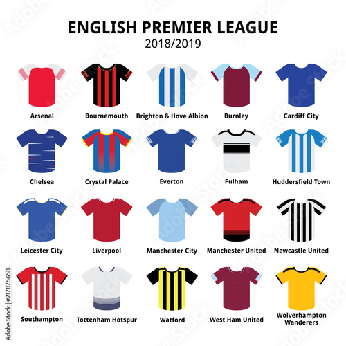 English Premier League kits 2018 - 2019, football or soccer jerseys icons set from England 18/19 kits photo