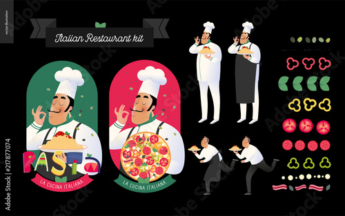 Italian restaurant set - branding, logo and menu constructor - kit of restaurant logo, cooks and waiters holding dish pasta with red bolognese sauce, italian food, thematic lettering, cartoon