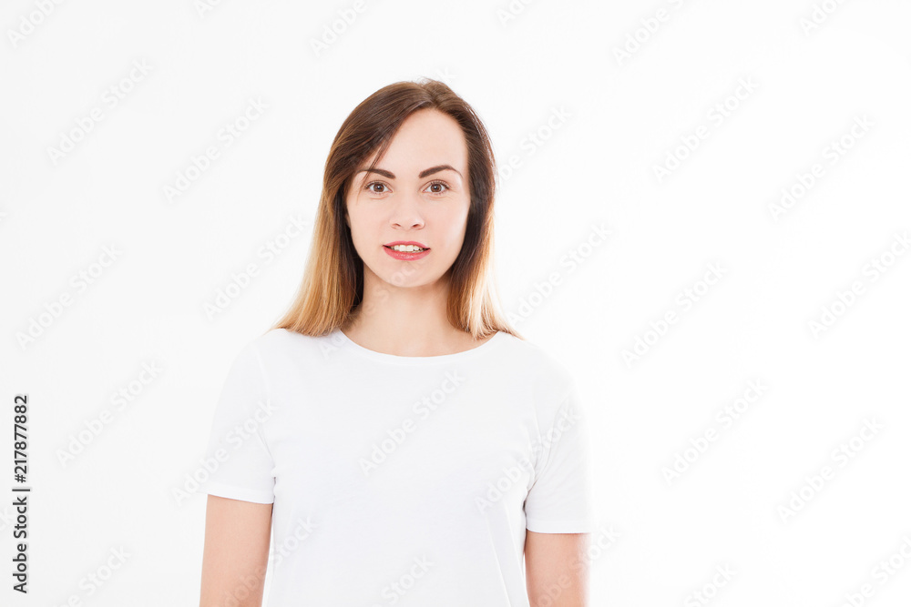 close-up portrait young pretty woman smiling in white t-shirt on white background, happy, positive mood, isolated, sincere smile. Copy space close-up portrait young pretty woman smiling in white t-shirt on white background, happy, positive mood, isolated, sincere smile. Copy space