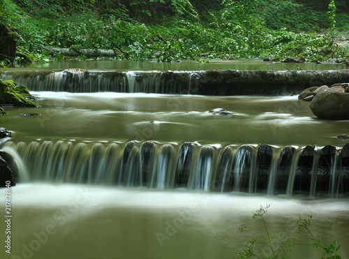 Artificial steps made of wood logs on the mountain river Tur. The Carpathian mountains, Ukraine photo