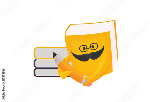 Library Promotion Vector illustration: book character face with a bunch of texbooks. Librarian icon.