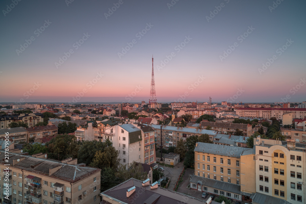 Aerial view in Ivano - Frankivsk city at sunset
