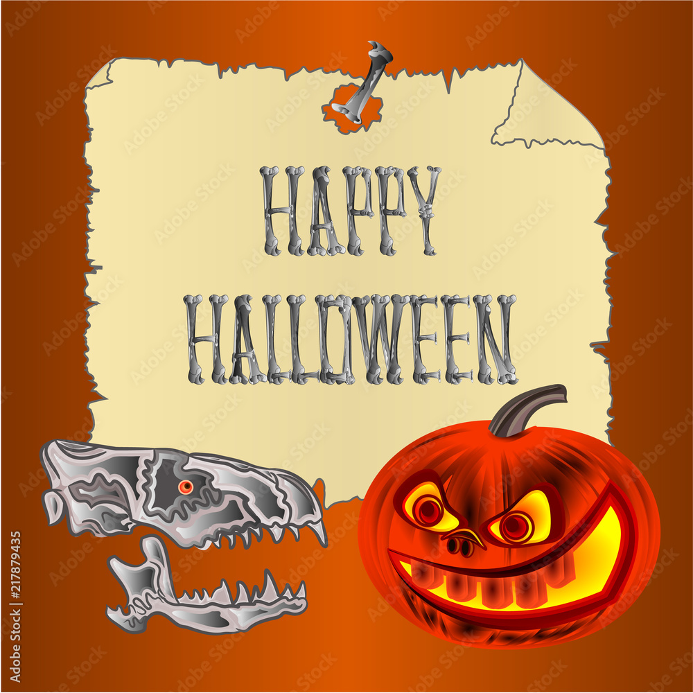 Naklejka premium Happy Halloween inscription of bones scary skull and pumpkin orange holiday background vector illustration editable hand draw