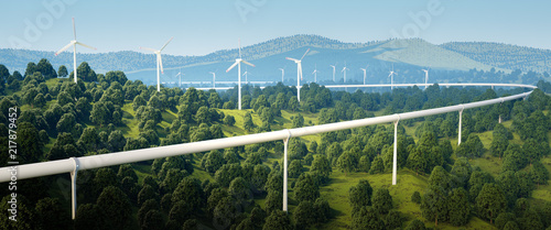 3d rendering of high speed traveling technology and wind turbines in forest landscape. photo