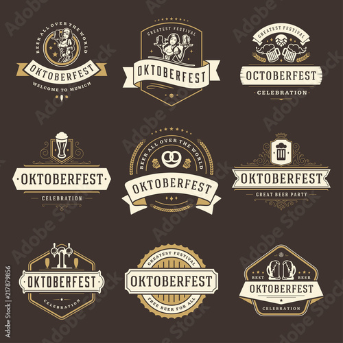 Oktoberfest celebration beer festival labels, badges and logos set