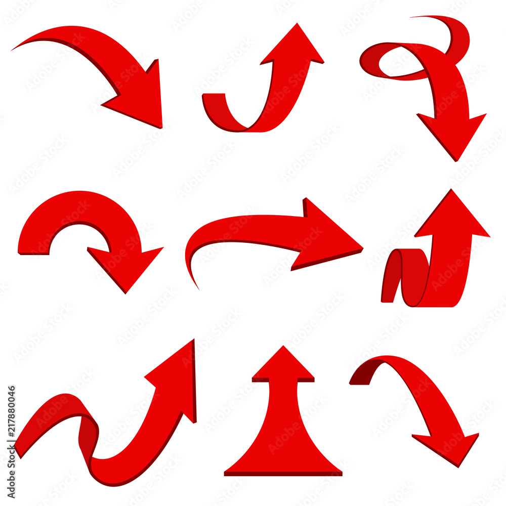 Red 3d arrows. Bent and curled up icons Red 3d arrows. Bent and curled up icons