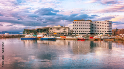 Trondheim  Norway   the view of the hotel Clarion and pier  Brattoera during colorful sunset 
