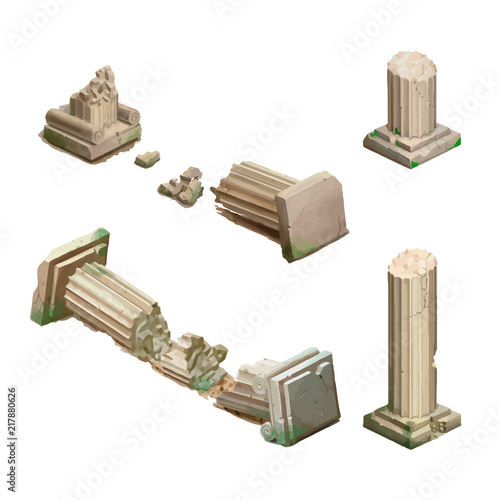 Bright cartoon ancient columns, isometric game object on white