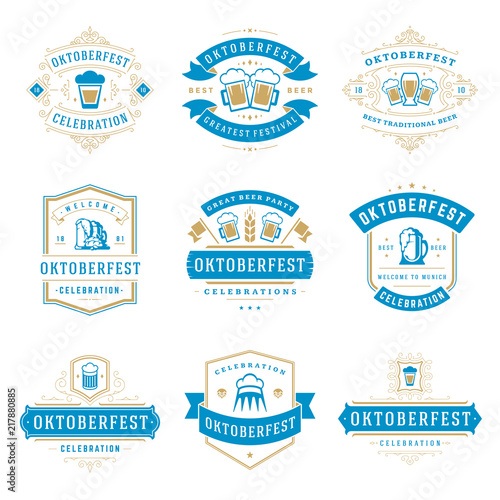 Oktoberfest celebration beer festival labels, badges and logos set