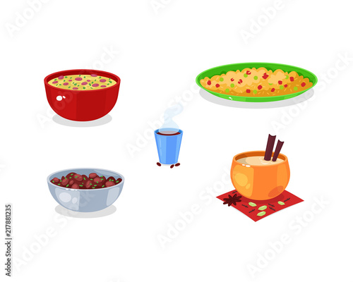 Traditional Indian food and drinks. Pilaf, soup, rajma, masala, coffee.