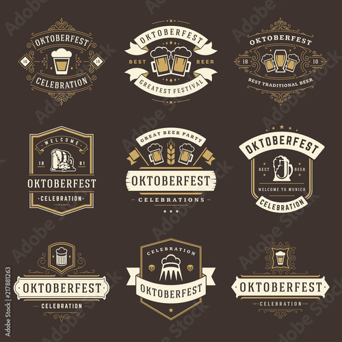 Oktoberfest celebration beer festival labels, badges and logos set