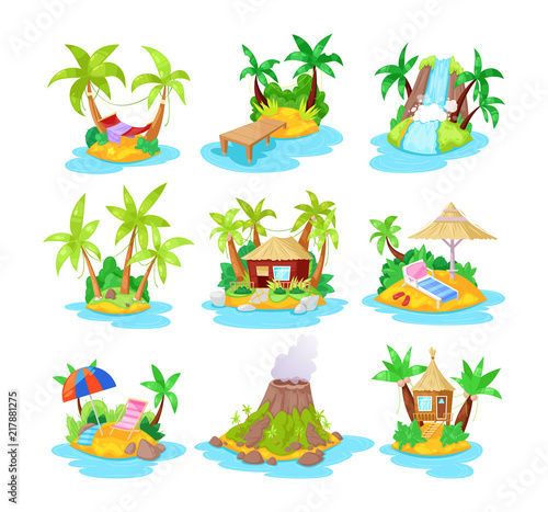 Set tropical islands in ocean with palm  bungalow  volcano  waterfall.