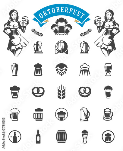 Oktoberfest celebration beer festival icons and objects set