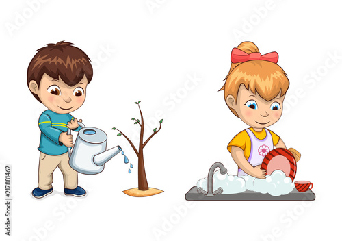 Boy Waters Tree Sprout and Girl Washes Dishes