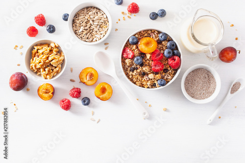 healthy granola for breakfast with berry fruit nut, vegan milk photo