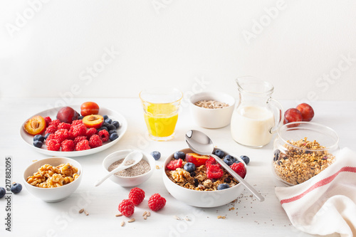 healthy granola for breakfast with berry fruit nut, vegan milk