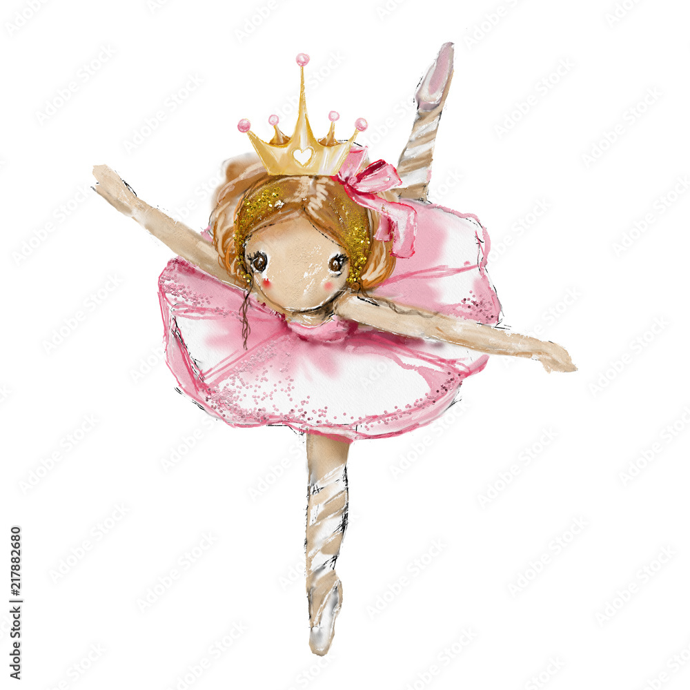 Cute girl watercolor ballerina princess. Beautiful ballet dancer in golden  crown with glitter Stock Illustration | Adobe Stock