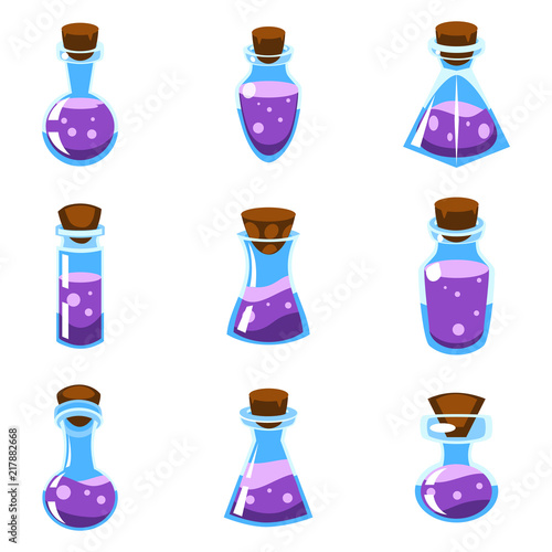 Cartoon vector purple potions in bottles of different shape