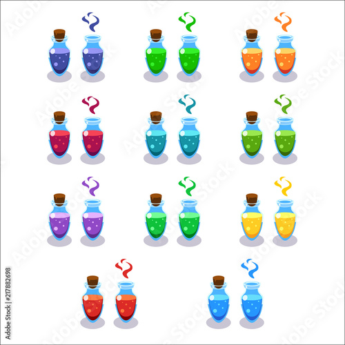 Cartoon bottles with poison in different colors