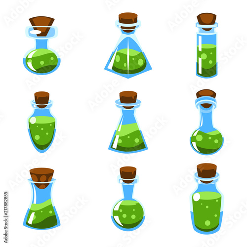Cartoon vector green potions in bottles of different shape