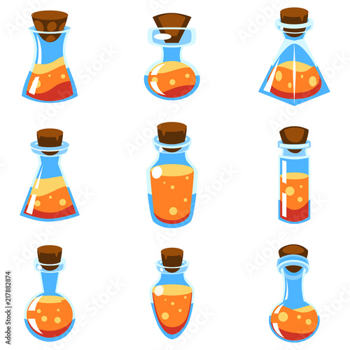 Cartoon vector orange potions in bottles of different shape
