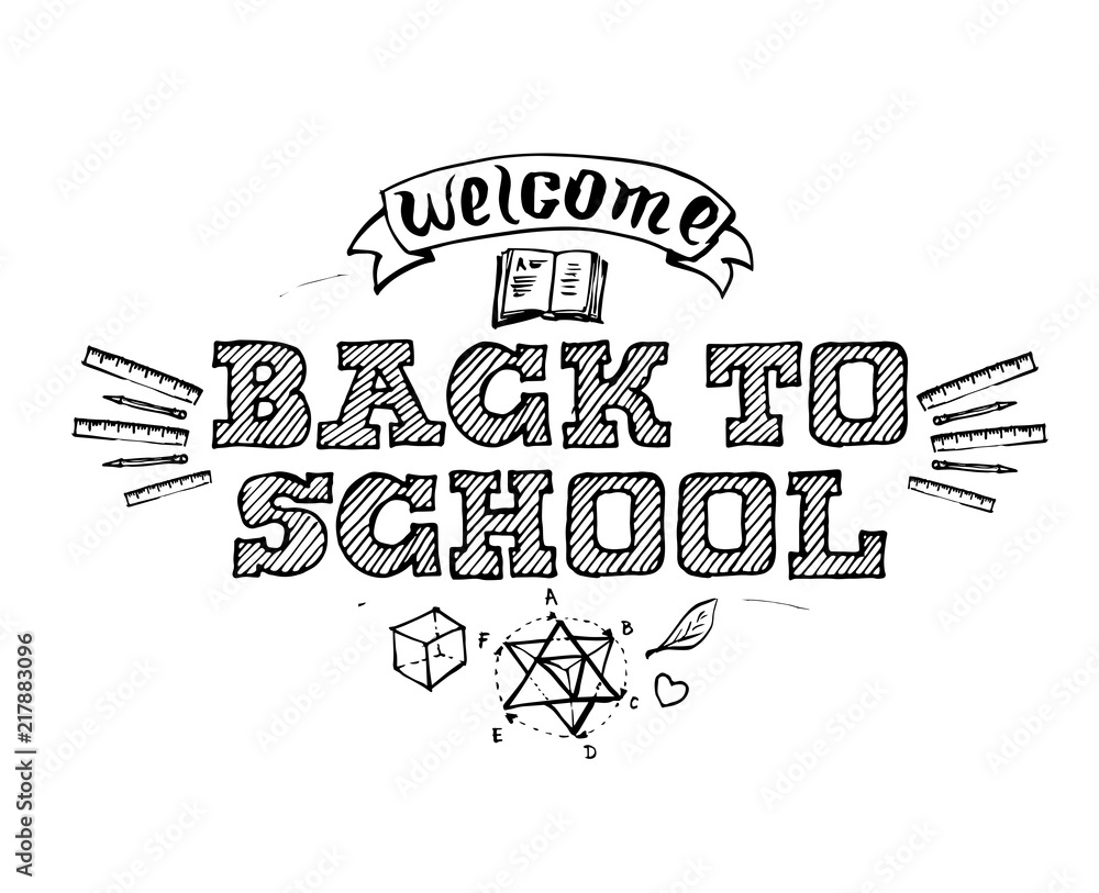 Obraz premium Welcome Back to Shool. Vector emblem with education design elements.