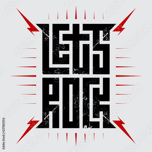 Rock t-shirt design. Let's Rock - music poster with red lightnings. T-shirt apparels cool print.