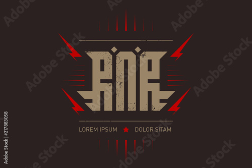 Rock'n'roll - music poster with stylized inscription, red lightnings and star. Rock and roll - t-shirt design. T-shirt apparels cool print with inscription RNR.