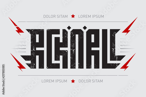 Rock and roll - music poster with stylized inscription, red lightnings and stars. Rock'n'roll - t-shirt design. T-shirt apparels cool print.