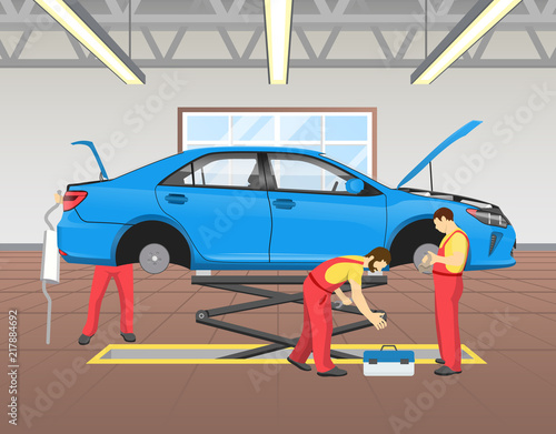 Repairing Blue Car in Garage Vector Illustration