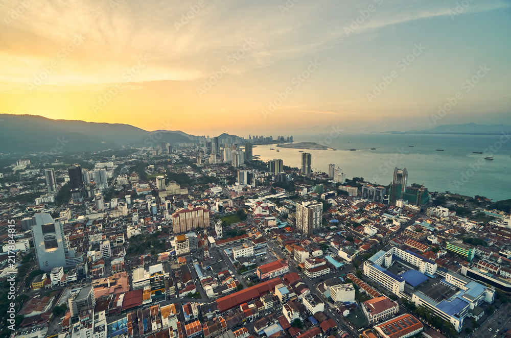 Fototapeta premium Panorama of city George Town, Malaysia on sunset background