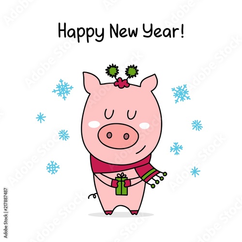 Happy New Year poster with cute pink piggy in sweet scarf. Celebration flat vector illustration greeting poster