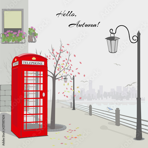 Autumn in London. Illustration with english phone booth on the river embankment. Vector.