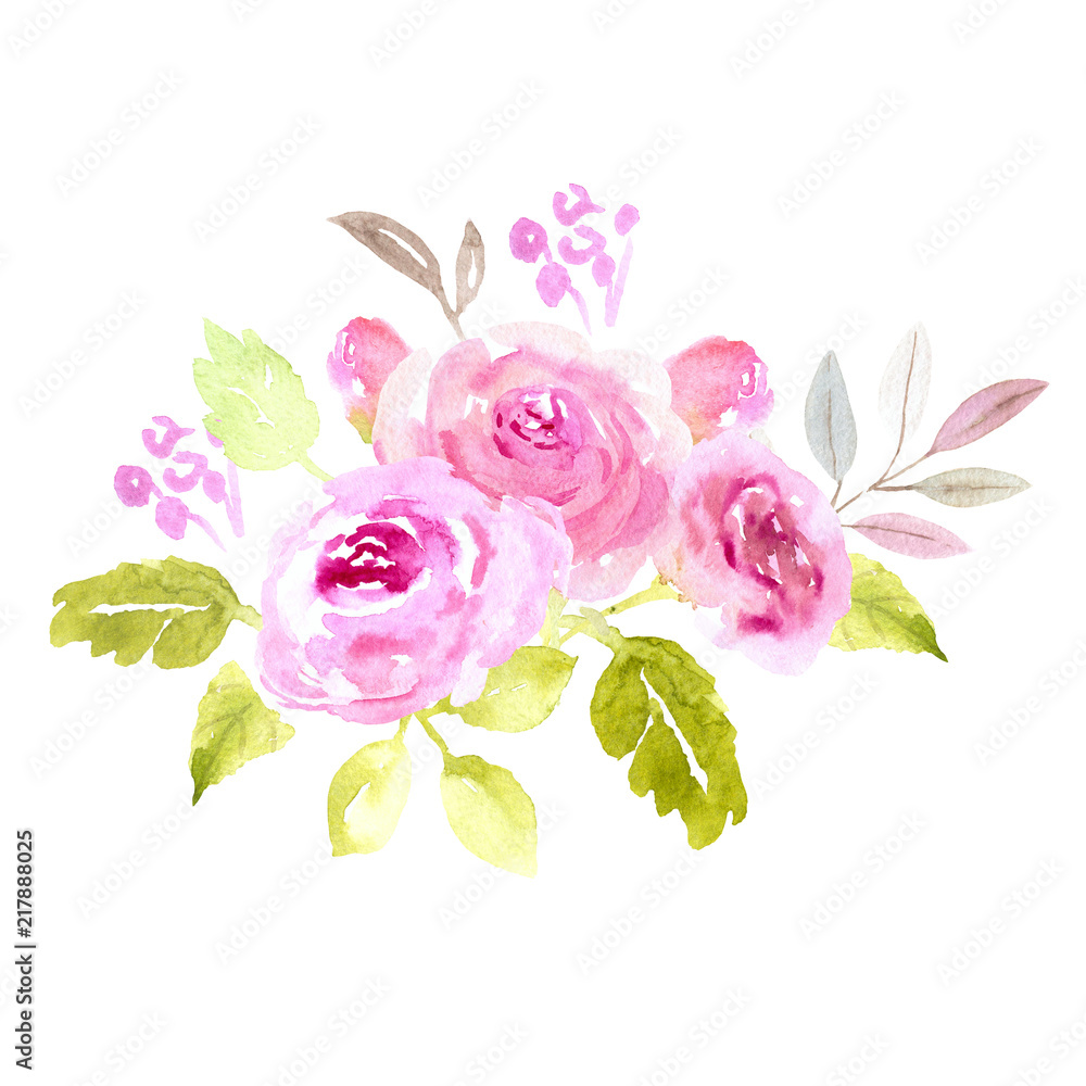 Green and pink watercolor roses bouquet