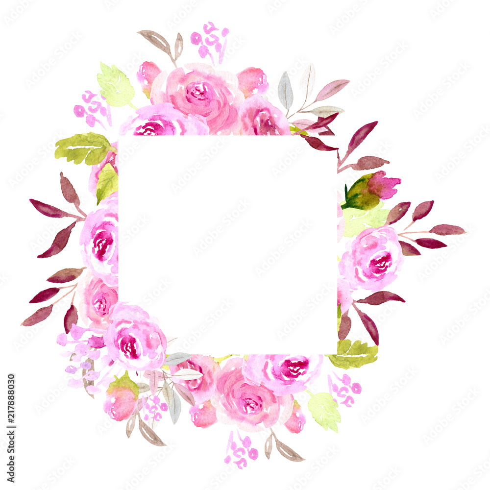 Pink watercolor flower frame, square