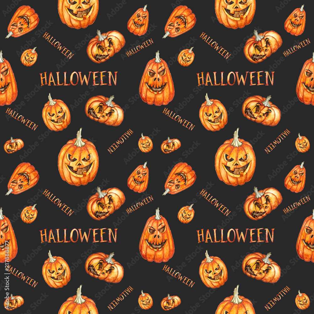Seamless pattern. Watercolor halloween pumpkins. Hand drawn holiday illustrations isolated on black background. Seamless pattern. Watercolor halloween pumpkins. Hand drawn holiday illustrations isolated on black background.