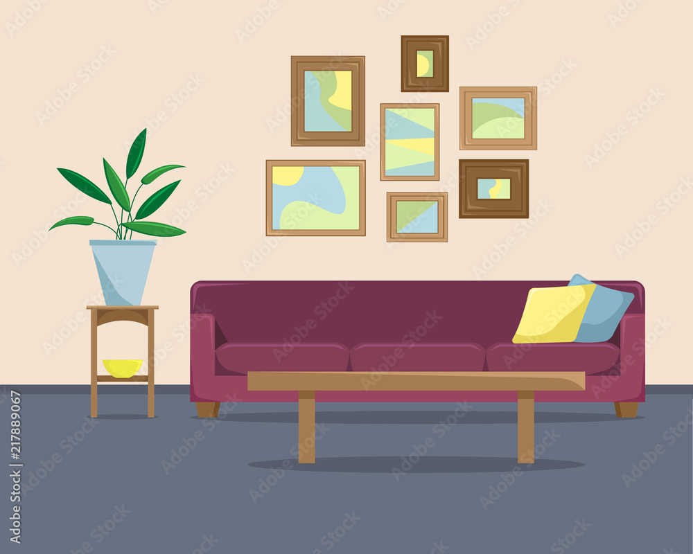 Flat vector illustration with a sofa and pictures on a wall. Flat vector illustration with a sofa and pictures on a wall.