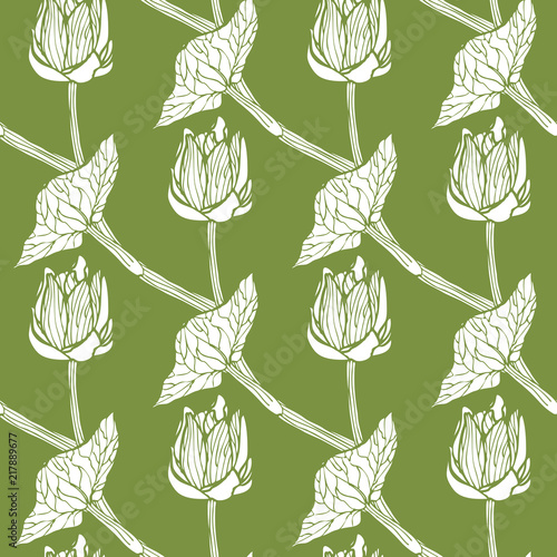 Seamless pattern with hand drawn flowers on green background. Vector illustration.