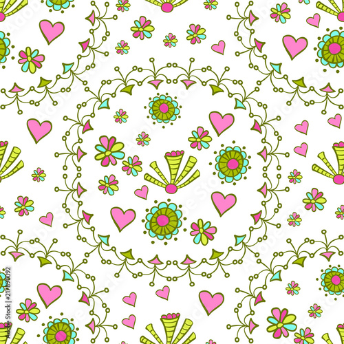 Hand drawn seamless pattern with floral elements. Colorful ethnic background. Pattern can be used for fabric, wallpaper or wrapping. Stock vector illustration. photo