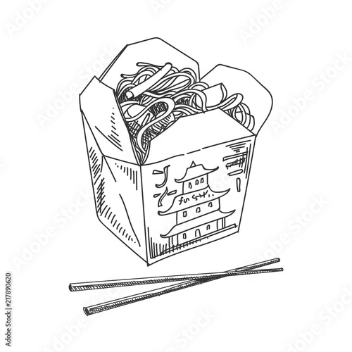 vector hand drawn Asian noodles in a box with chopsticks Illustration.