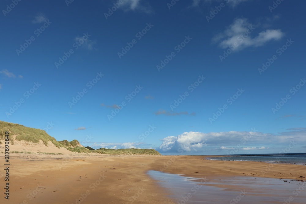 Blue sky with copy space over dunes, beach and sea