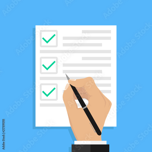 Hand filling checklist. Male hand signing document.