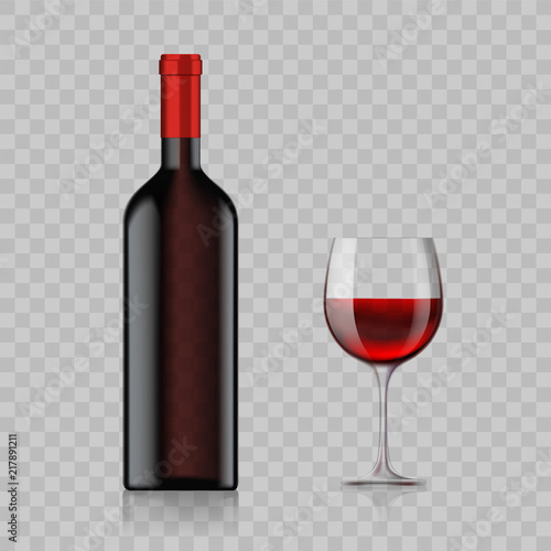 Blank bottle with alcoholic drink and wine glass isolated on a transparent background.
