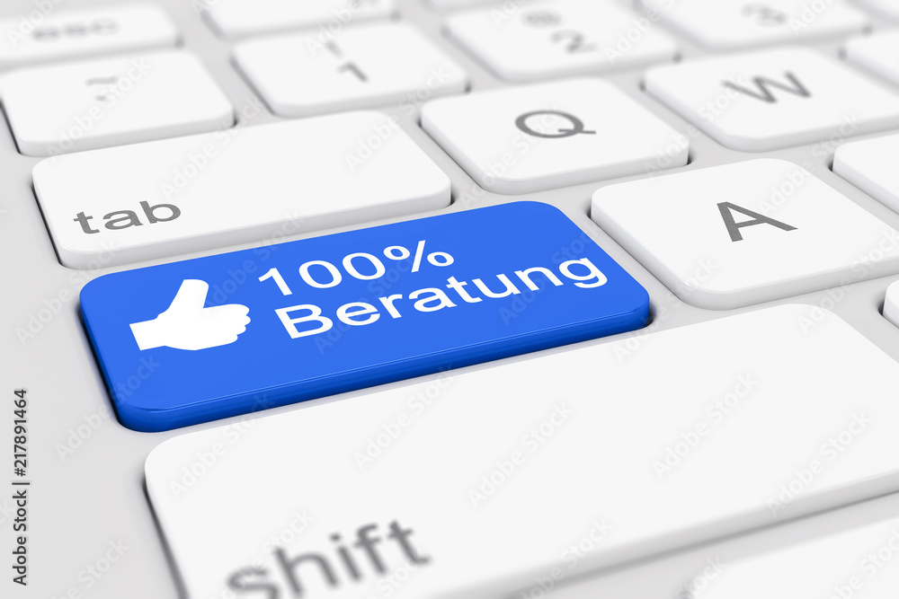 Computer-Tastatur mit einer blauen Taste und der Aufschrift 100% Beratung Computer-Tastatur mit einer blauen Taste und der Aufschrift 100% Beratung